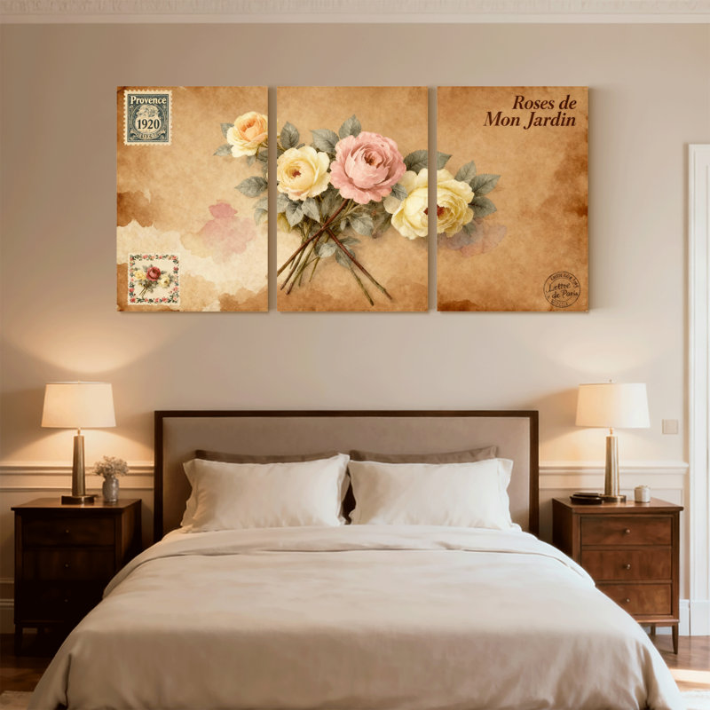 «Rose Vintage Roses», ensemble de 3 impressions sur toile, H 24 po x l 48 po