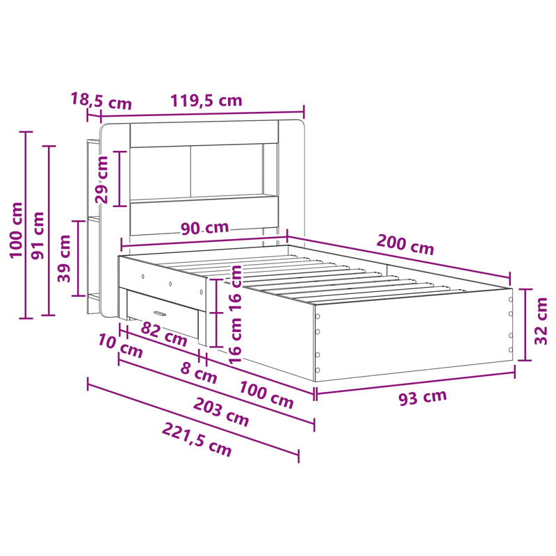 Bed, European Single (90 x 200 cm), Grey Sonoma