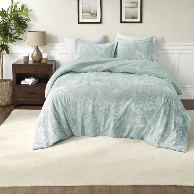Ensembles de literie en velours de sherpa écrasé Cozy, édredon réversible pour lit double Aqua