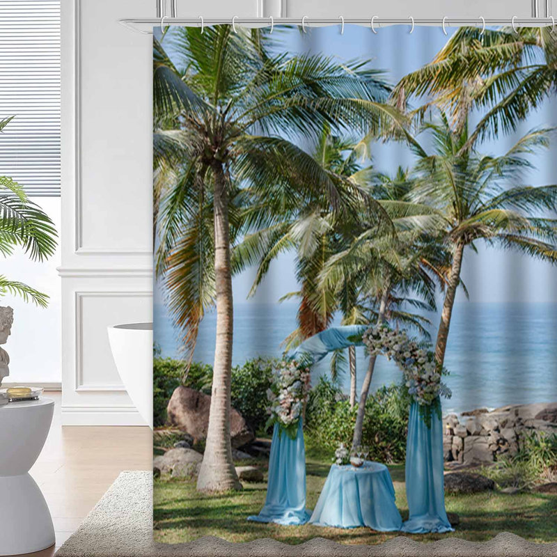 Fleurs, plage, cocotier, océan, ciel bleu, panoramique, avec 12 crochets, L 72 po x l 84 po