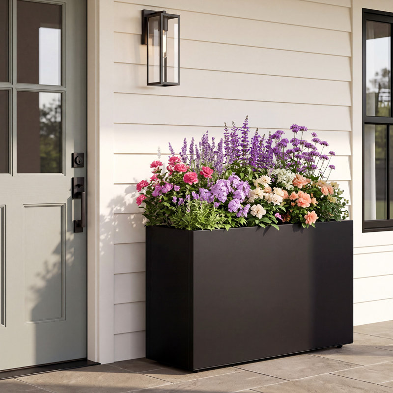 38" L × 13" W × 30" H Black Rectangular Metal Planter Box (with Drainage Holes and Adjustable Shelf) — All-Weather Outdoor Plant Container for Patio, Courtyard, or Balcony
