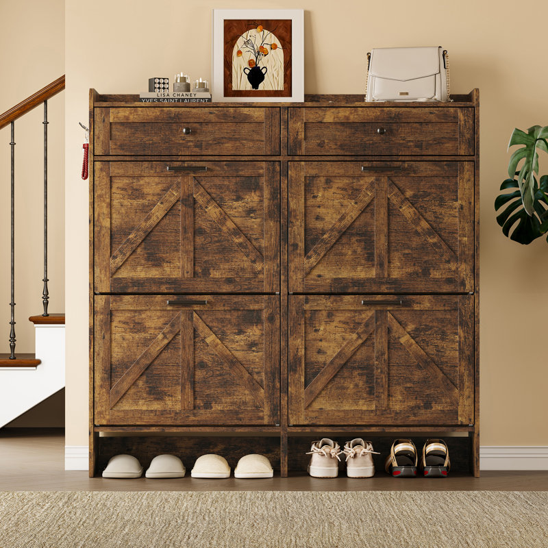 Modern White 4 Door Shoe Cabinet with 2 Drawers, Engineered Wood Storage for Entryway, Brown