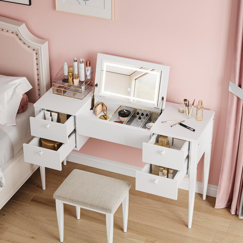 Meuble-lavabo de maquillage avec miroir à lumière DEL et tabouret - conception à plateau rabattable 3 en 1 avec 6 tiroirs de rangement et éclairage réglable, blanc