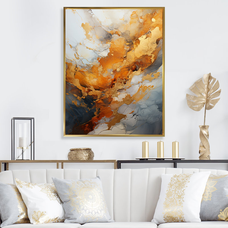 Art mural doré et blanc Geode Lava III, Cadre flottant doré, H 20 po x l 12 po x P 1 po