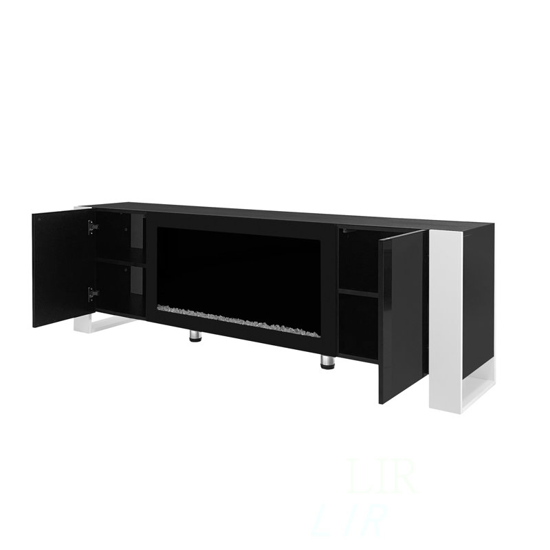 Meuble télé minimaliste avec foyer électronique de 34,2 po, construction noire, 2 armoires pour divers articles, confort visuel avec de grandes armoires de rangement, forme simple et fonction sécuritaire