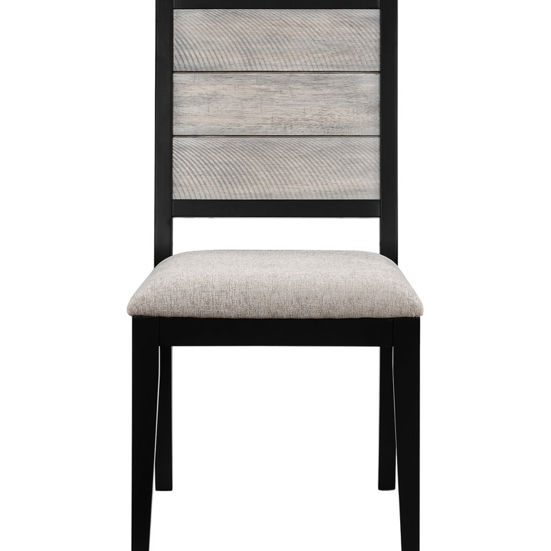 Deux chaises de salle à manger d'appoint, fini noir, revêtement gris, style contemporain, sur un piètement en bois.