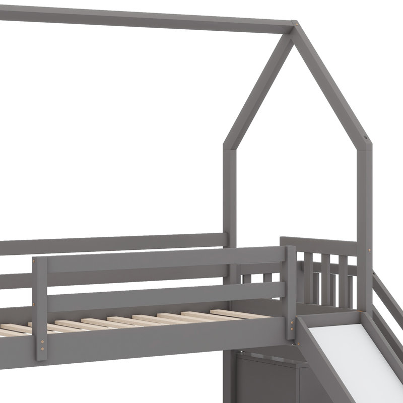 Stairway House Bed With Convertible Slide ,Storage Staircase And Guard Rail, Gray