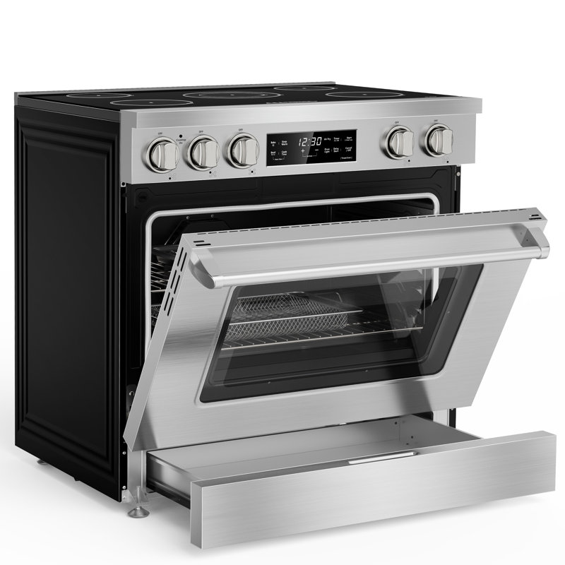 Cuisinière électrique 36 po avec 5 éléments radiants, four à convection de 6,0 pieds cubes, friture à air et acier inoxydable autonettoyant de 36 po