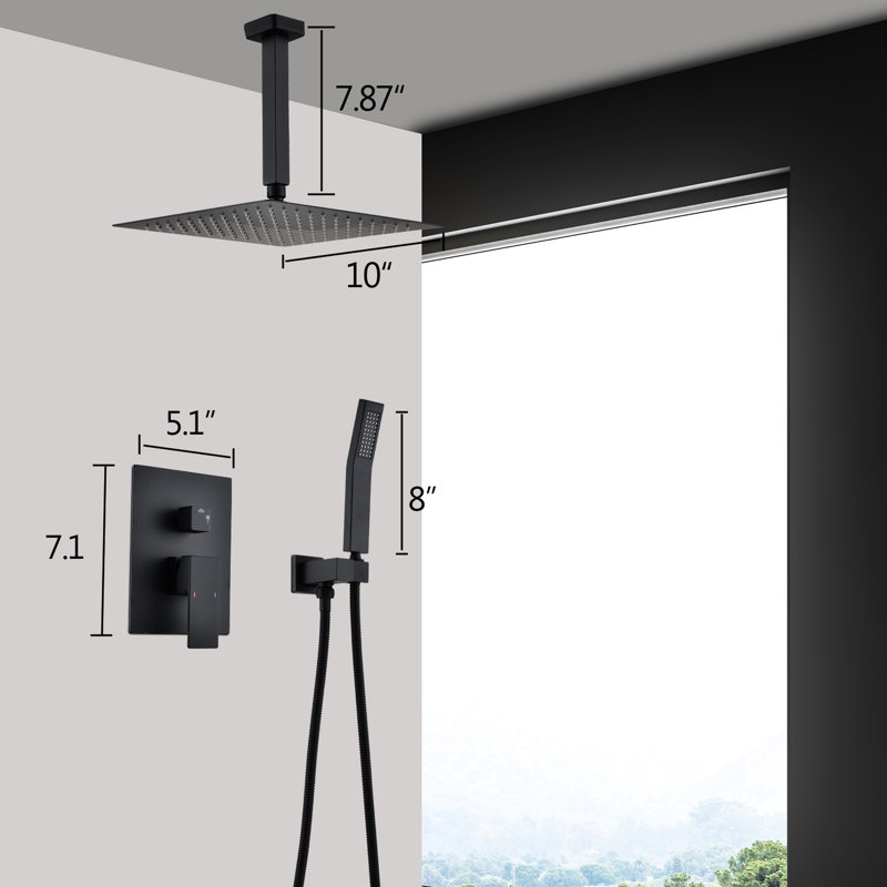 Matte Black Ceiling Mounted Shower System - 10" Head & Handheld, Brass, Recreates Natural Rainfall Perception, Self-Cleaning Nozzle, Corresponds With American Standard Pipe Connections In Exhibition
