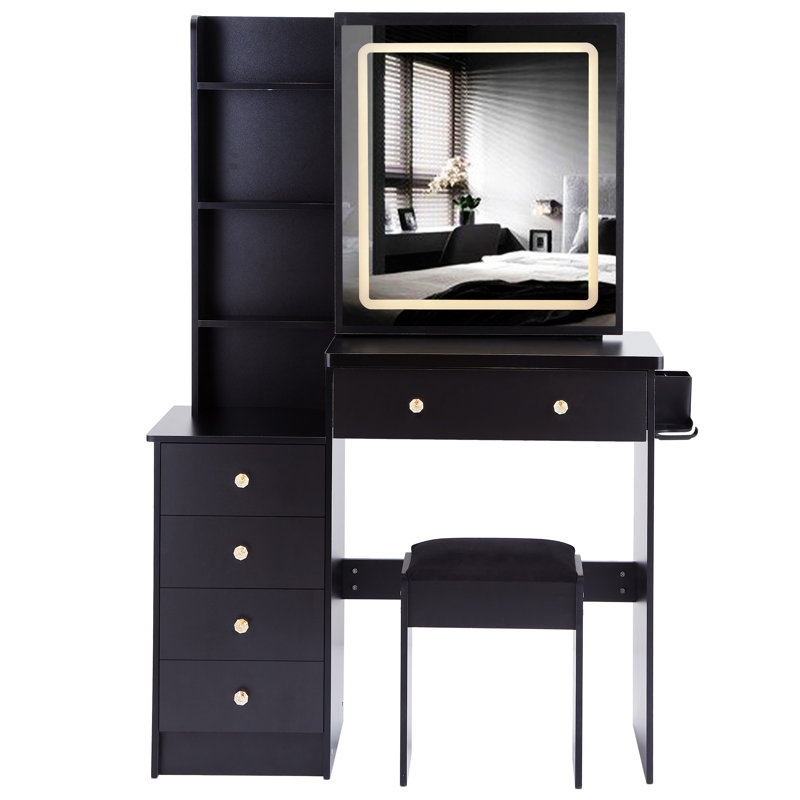 Ensemble de coiffeuse 37 po avec commode de taille moyenne et tabouret coussiné 37 po, Noir