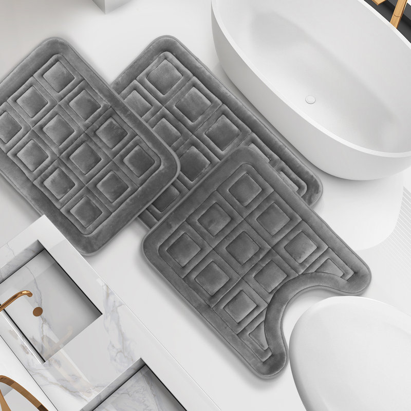3 Piece Ultra Soft Absorbent Memory Foam Waffled Bath Rug Set, Charcoal Stone Gray