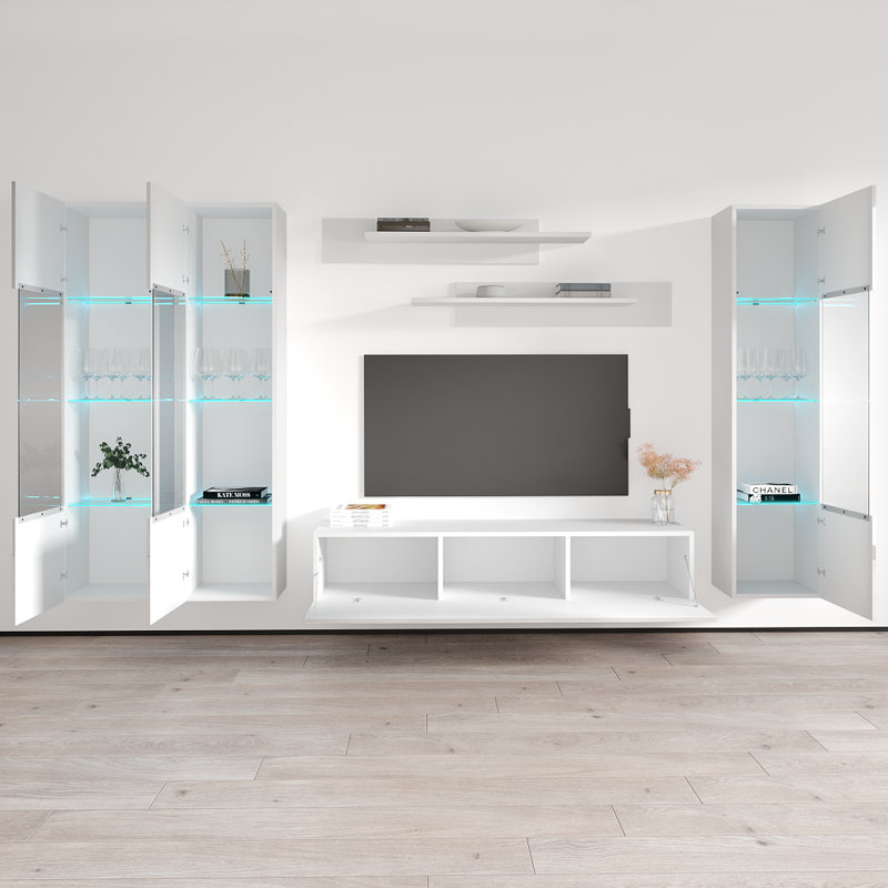 Narberth 120" Modern Floating Wall Mounted Entertainment Center with 16-Color LED Lighting, High Gloss Finish, White