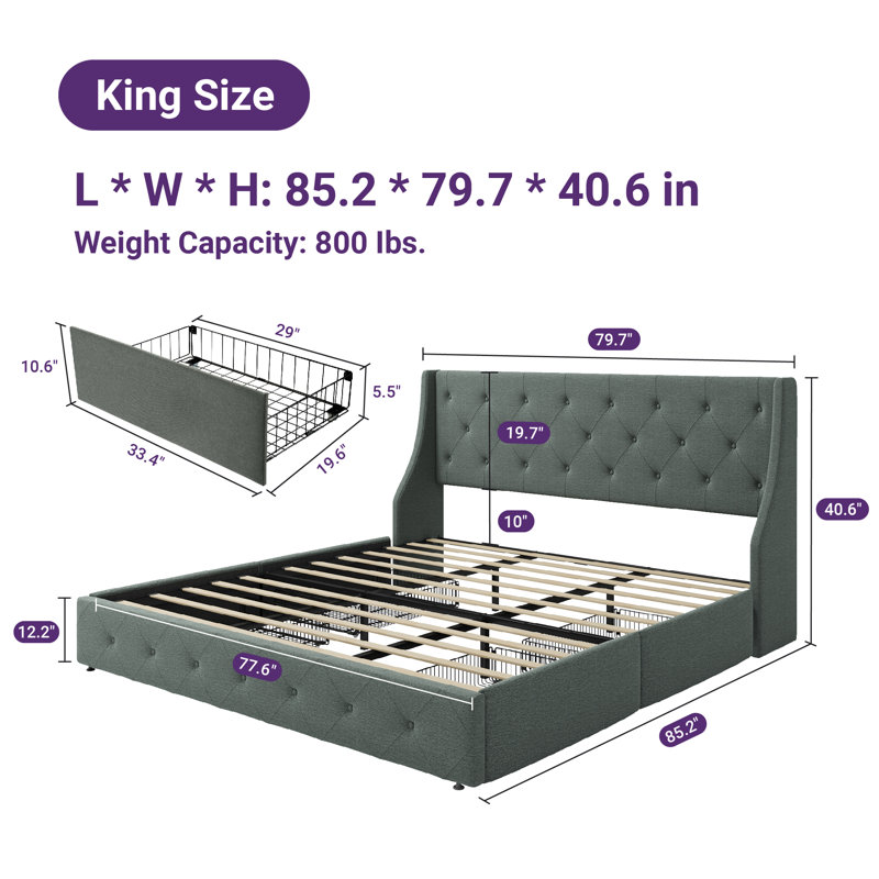  Losada 4-Drawer Upholstered Storage Bed with Wingback Headboard - Maximize Bedroom Space, No-Hassle Under Bed Storage,King Size