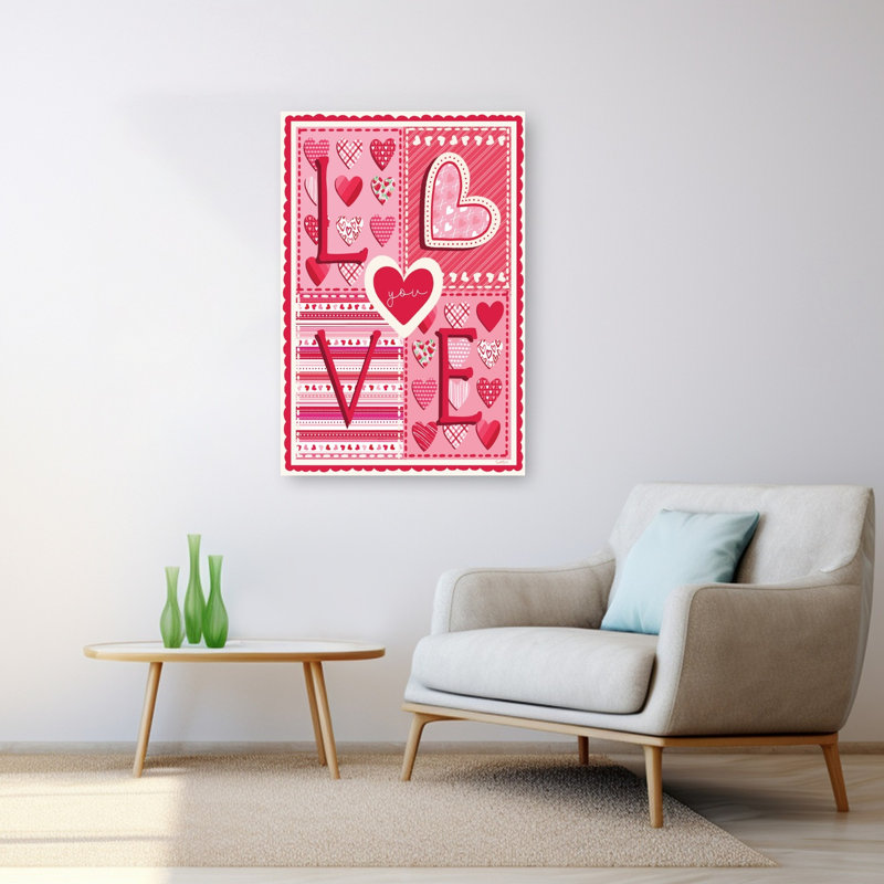«Love You», art mural abstrait fantaisiste romantique, 48" H x 32" W