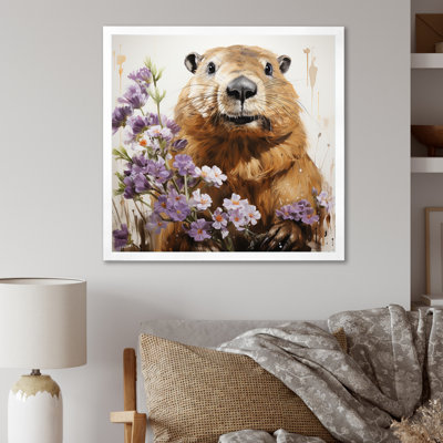 «Brown Tranquil Wetland Beaver Blooms», art mural animaux