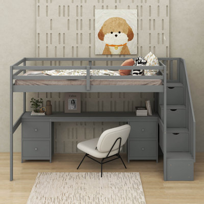 Twin Size Loft Bed Frame With Desk And Drawer