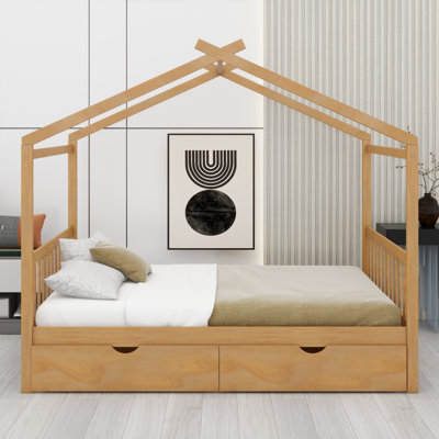House Platform Bed With Two Drawers,Headboard And Footboard,Roof Design
