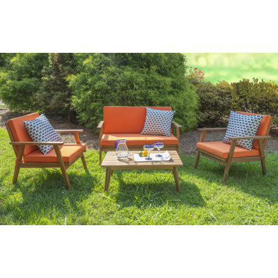 4 - Person Solid Acacia Wood Outdoor Seating Group with Cushions