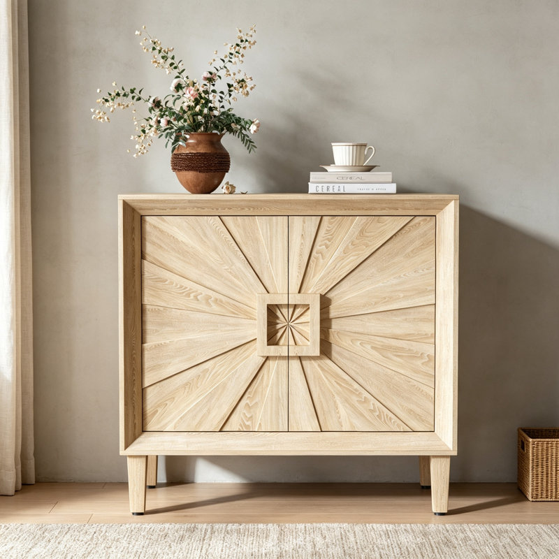 Buffet à crédence modulaire 31,5 "Mid-Century naturel antique, petite armoire avec portes symétriques Sunburst, armoire d'appoint avec tablettes réglables pour la salle à manger, le vestibule et le couloir