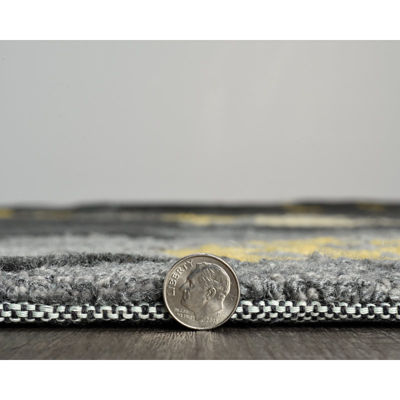 Tapis fabriqué à la main Marisela - gris et jaune, Rectangle 1 pi 10 po x 2 pi 10 po