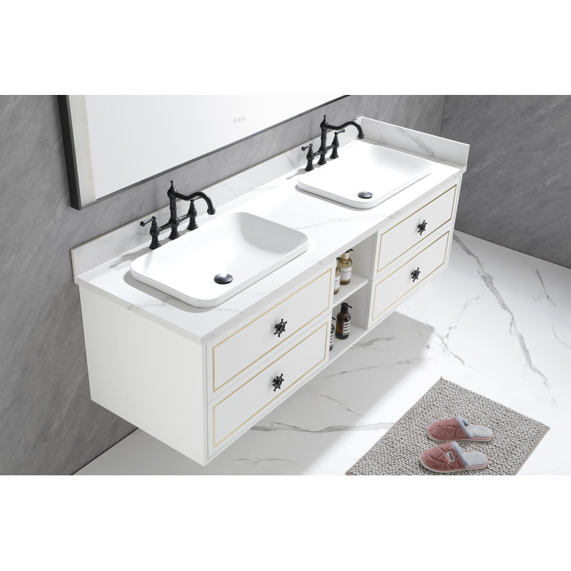 Base de meuble-lavabo mural moderne Ardyn avec tiroirs à fermeture en douceur et tablettes ouvertes (lavabo non inclus)