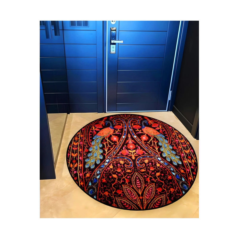 Decorative Carpet With Red And Blue Ethnic Patterns And Two Peacock Details, Round 2'8"