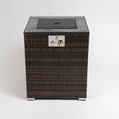 Garden Fire Pit With Windshield, Pe , Burner, Rain Cover & Igniter 40000Btu Column, Steel Tabletop Lid, Glass Wind Guard, And Included Rocks