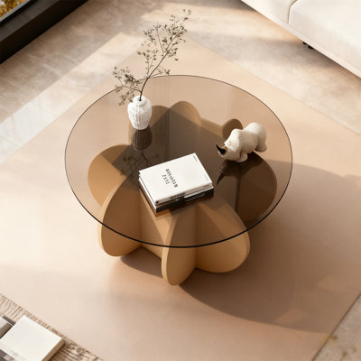 Table basse ronde en verre trempé de 31,5 po, table basse moderne de style Mid-Century avec base en bois massif en forme de fleur, table centrale décorative d'une capacité de poids de 170 lb pour le salon, le petit appartement et le bureau personnel