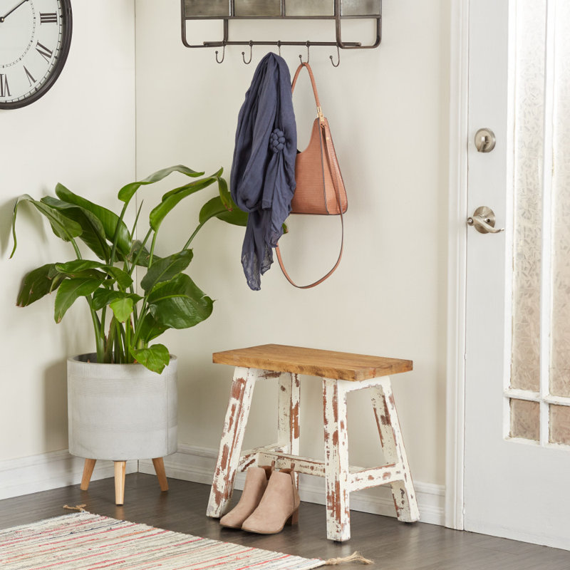 Wood Stool with Brown Wood Top, White