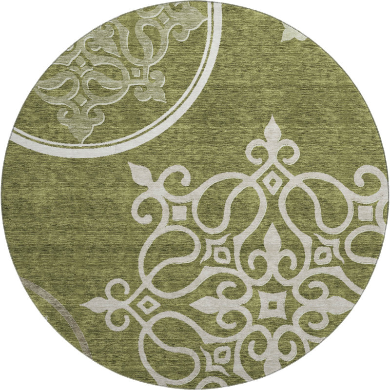 Premium Machine Washable Prisco Olive Rug, Round 8'