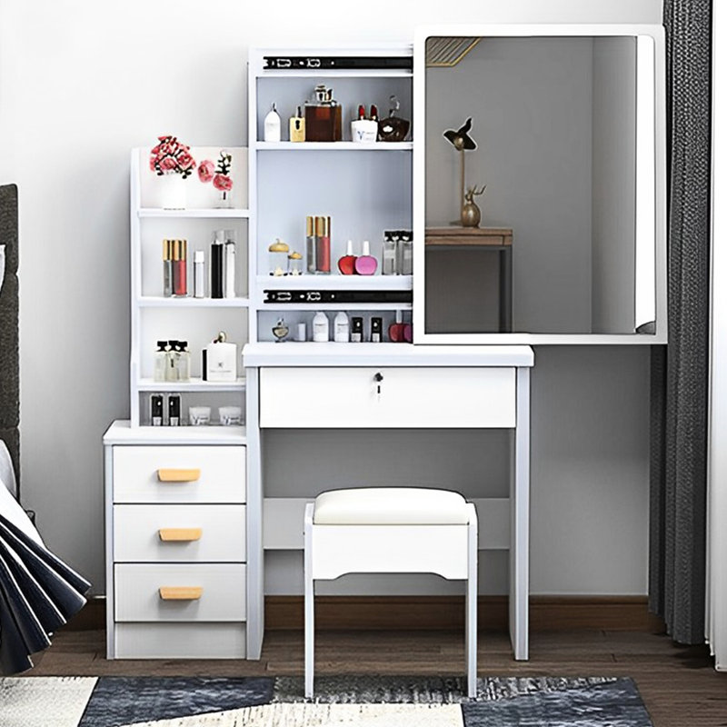 Vanity Desk With Adjustable Lights Mirror - 4 Shelf, White Contemporary And 4 Drawer Chest,