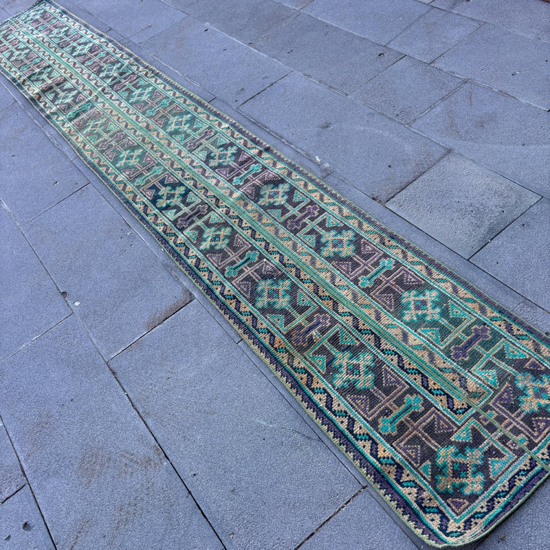 Tapis turc rétro tissé à la main avec un motif géométrique de style bohémien dans des tons verts
