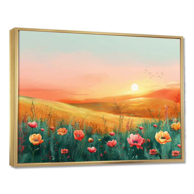 Flower Meadows At Sunset I - Décoration murale fleurs, H 34 po x l 44 po x P 1,5 po, Cadre flottant doré