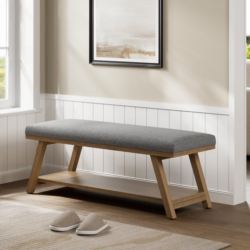 Hahnville 45.3" W Polyester Upholstered Storage Bench, Grey