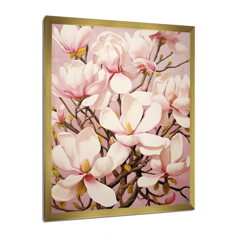 «Magnolias», impression sur toile, H 44 po x l 34 po x P 1,5 po, Encadrement doré
