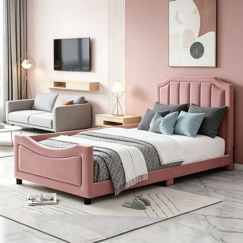 Lit de jour simple simple tapissier avec tête de lit capitonnée, Pink