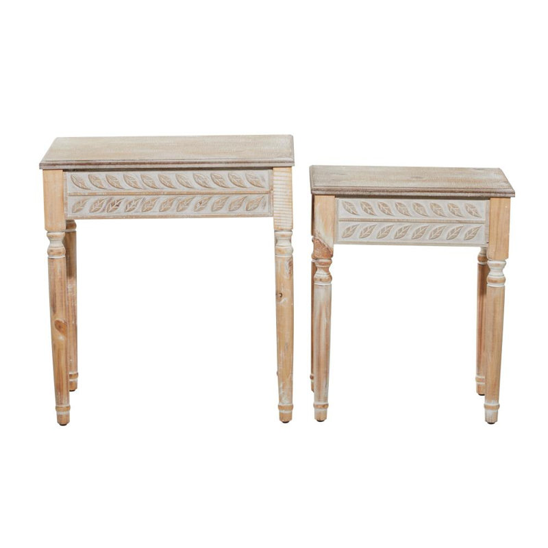 Funches Wooden Carved Leaf Side End Brown Accent Table with Turned Legs Set