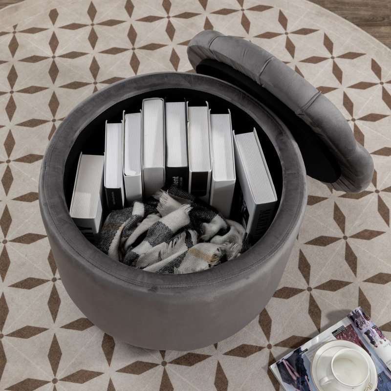Repose-pieds rond avec rangement en velours Briana, Velours gris performance