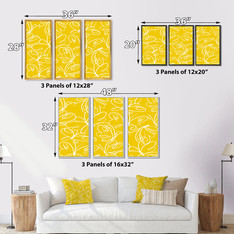 Motif de couleurs de papillons dessinés à la main - impression sur toile 3 pièces, H 20 po x l 36 po x P 1 po, Cadre doré