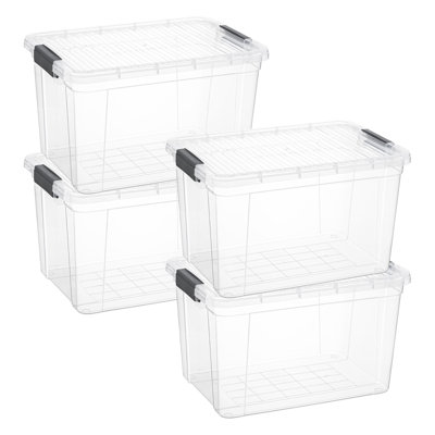  Boîte de rangement transparente avec couvercle, bacs de rangement en plastique de 26 pintes pour l'organisation, caisses empilables, sans BPA, non toxique, sans odeur, organisateurs pour la maison, le bureau, l'école et le dortoir, paquet de 4
