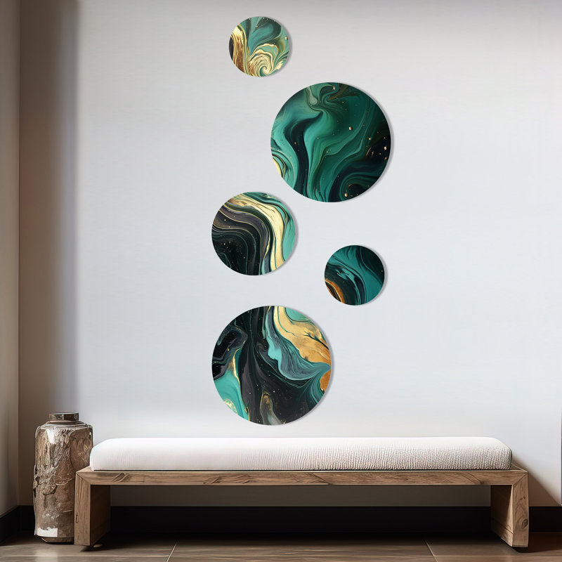 Abstrait vert et or Marble River III - ensemble d'art mural rond en marbre de 5