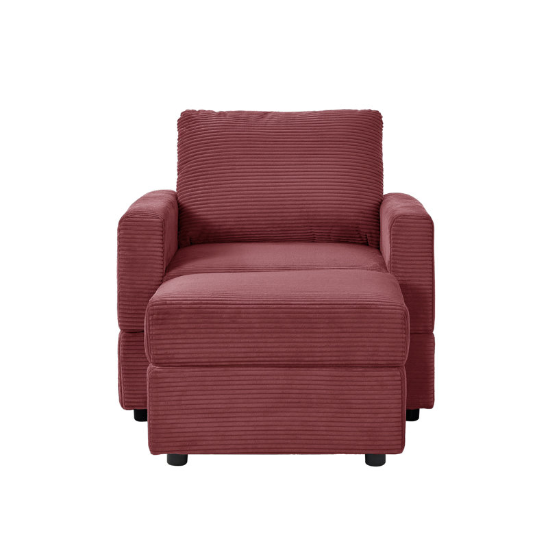 Classic Corduroy Chaise Lounge, Comfy Sofa Chaise Couch Chair, Upholstered Accent Chair With Ottoman For Living Room, Red