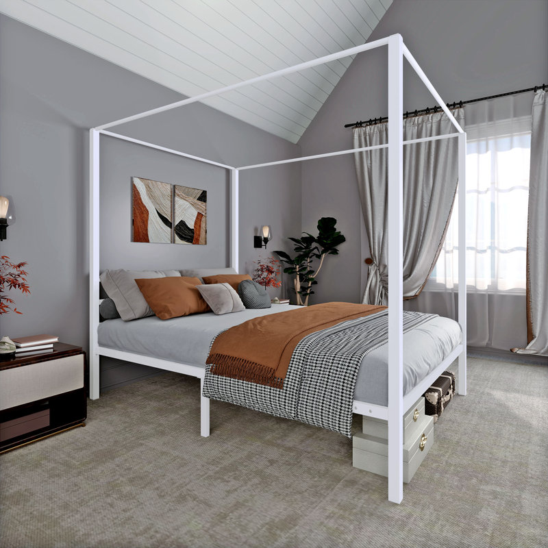 Metal Canopy Bed, White, Queen