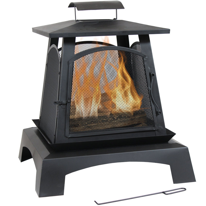 Jarrell 28" Square Wood-Burning Black Finish Steel Pagoda-Style Fire Pit with Poker