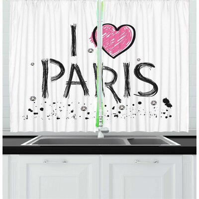 2 Piece Eiffel Tower I Love Paris Pencil Drawn Wording with Paint Spots Splashes Kitchen Curtain Set -  East Urban Home, D7222B5BC3B4430FAF06906D34EAFB26