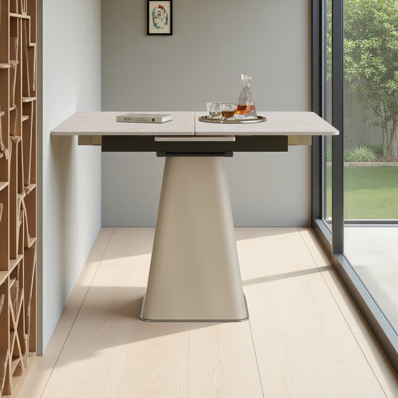 Table de salle à manger rétractable à dalle de roche pliante, table extensible carrée moderne avec base en acier inoxydable enveloppée
