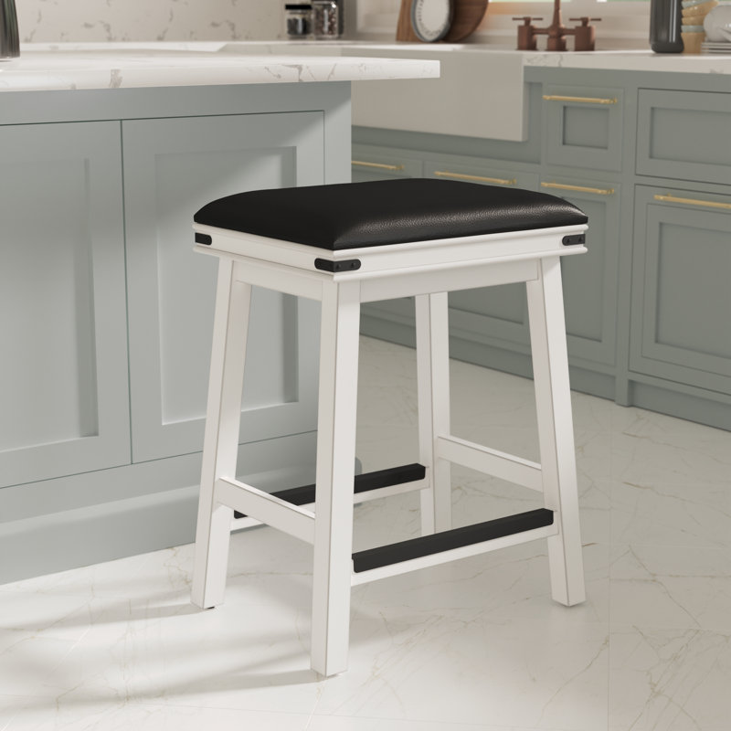 Bloomingdale 24" Counter Height Counter Stool with Bonded Leather Seat, Back Cushion/Antique White Frame