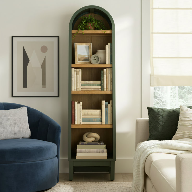 Dark Green And Light Honey Color, Narrow Arched Bookcase, Home Storage Cabinet With Narrow Gaps, Multi-Tiered Floor-Standing Open Display Bookshelf For Living Room And Study.