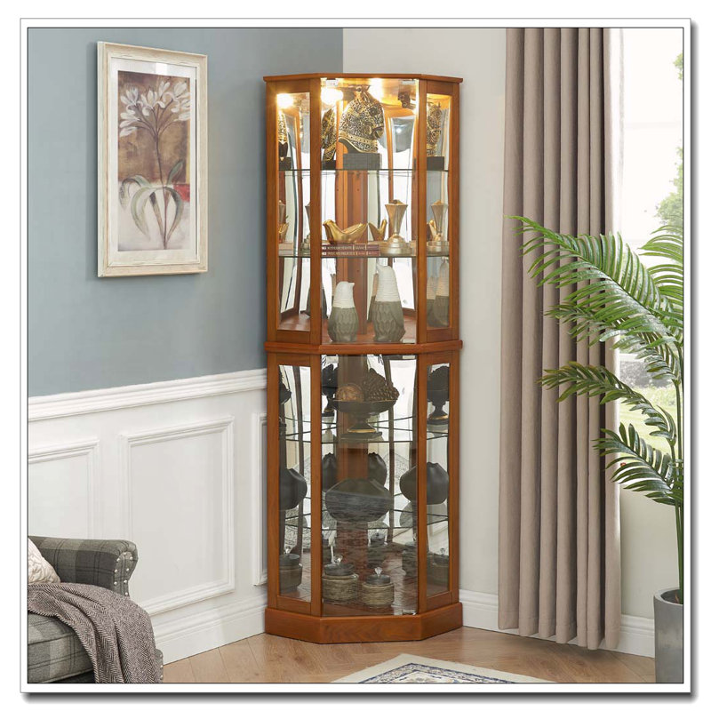 Vitrine de coin d'angle avec lumières, miroirs et tablettes réglables, Chêne