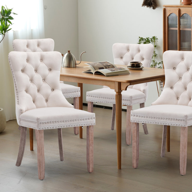 Velvet Fabric Upholstered Dining Chairs Set of 4,Beige, Beige, Light Brown